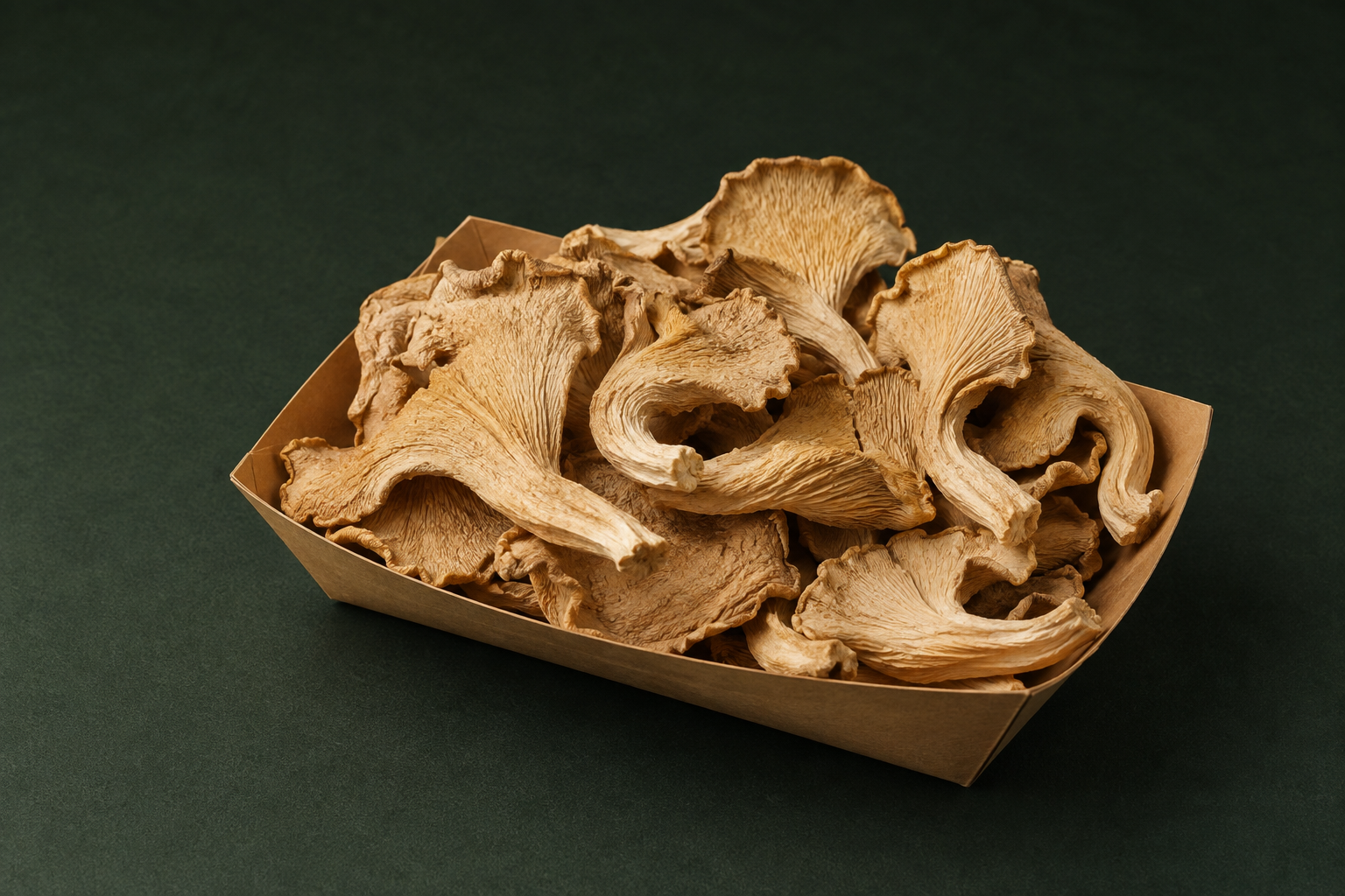 Dried oyster mushrooms arranged in a kraft-paper tray